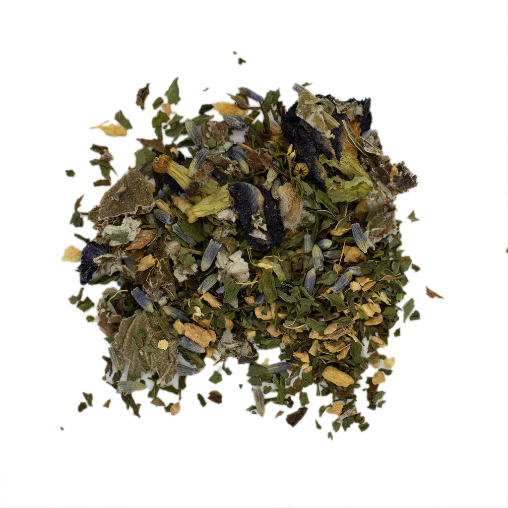 organic blend of Raspberry Leaf, Spearmint, Ginger, French Lavender and Butterfly Pea Flowers