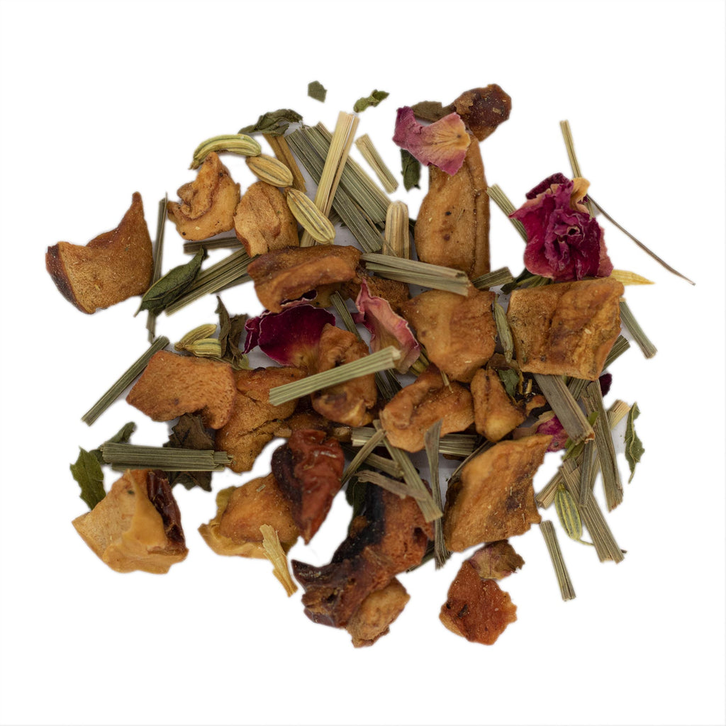 organic blend of apple cubes, lemon grass, spearmint, lemon peels, rose petals, fennel and natural flavouring